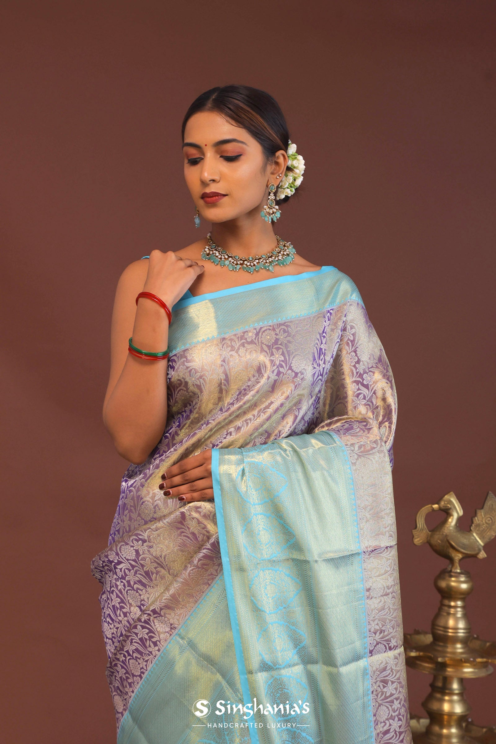Purple Kanjivaram Saree With Contrast Sky Blue Border