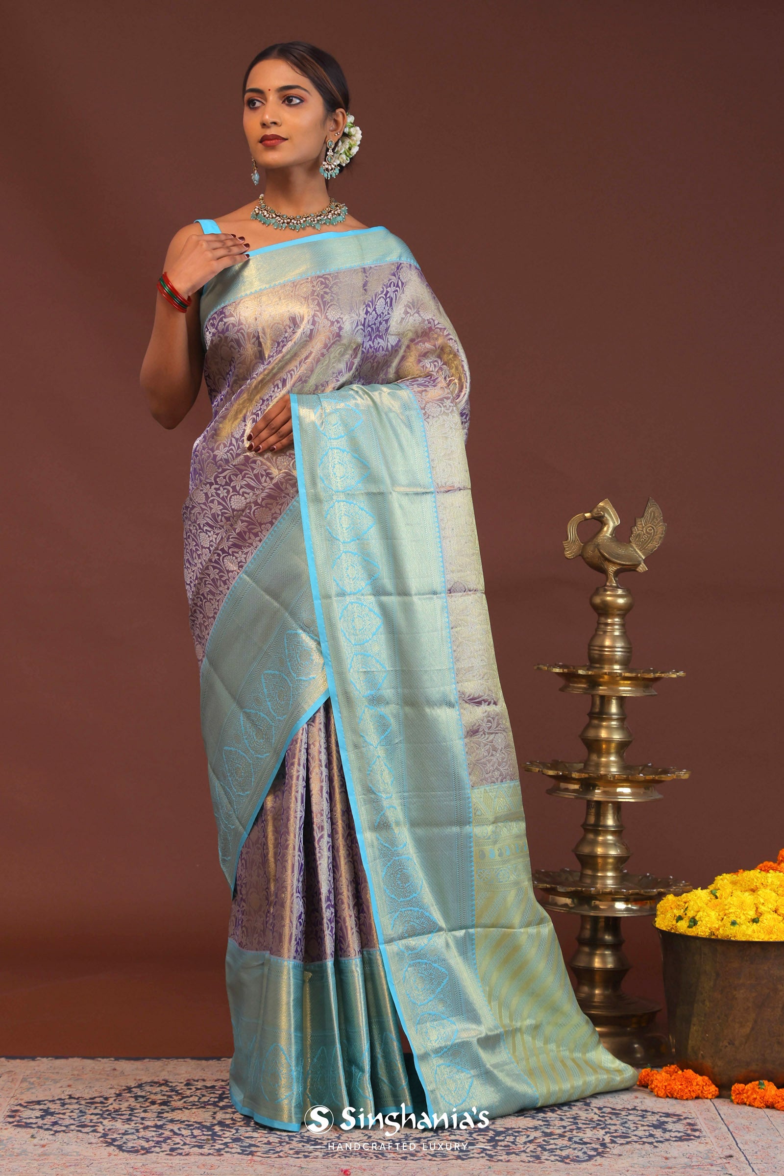 Purple Kanjivaram Saree With Contrast Sky Blue Border