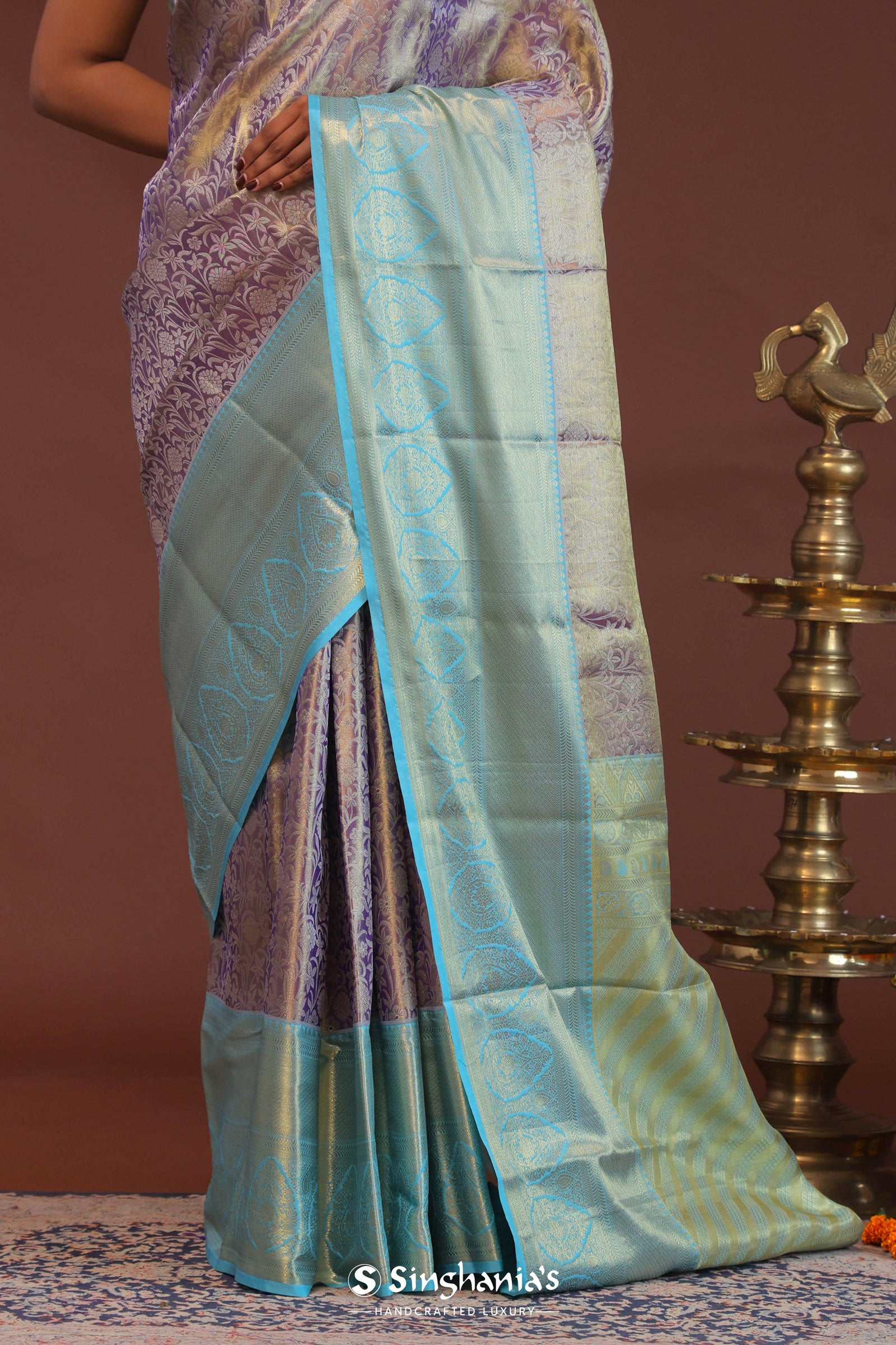 Purple Kanjivaram Saree With Contrast Sky Blue Border