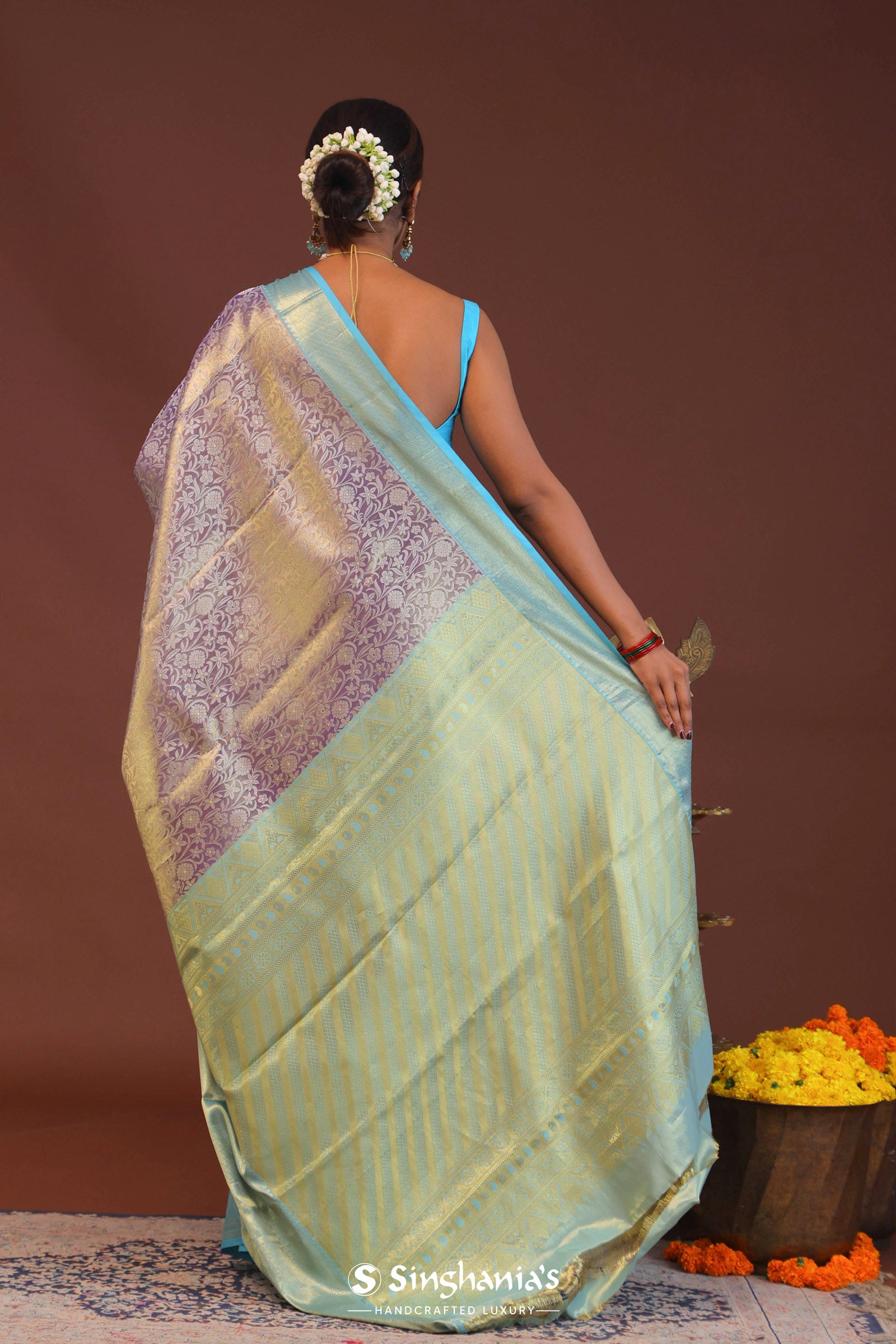 Purple Kanjivaram Saree With Contrast Sky Blue Border