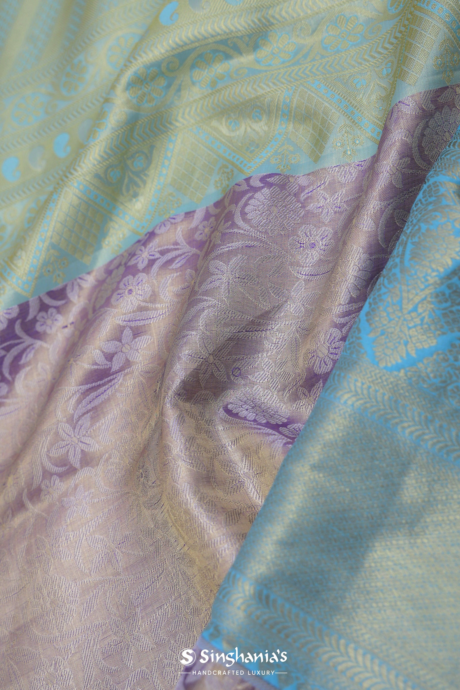 Purple Kanjivaram Saree With Contrast Sky Blue Border