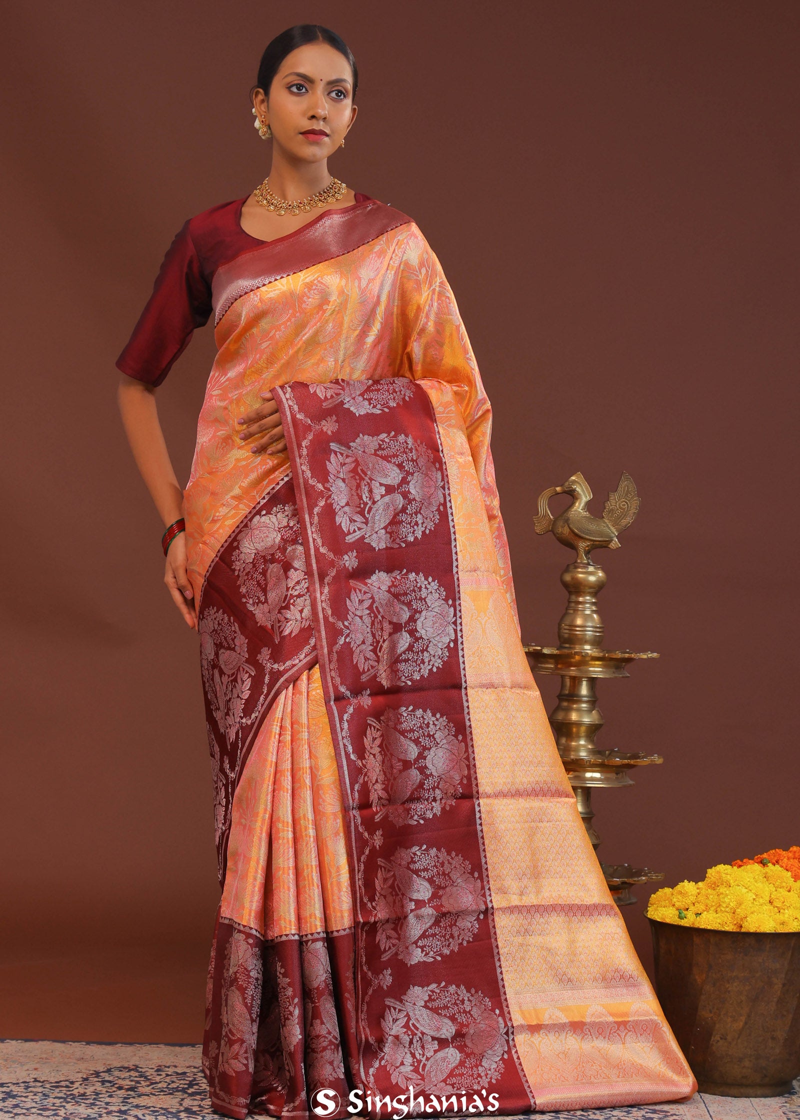 Peach Kanjivaram Saree With Contrast Maroon Border