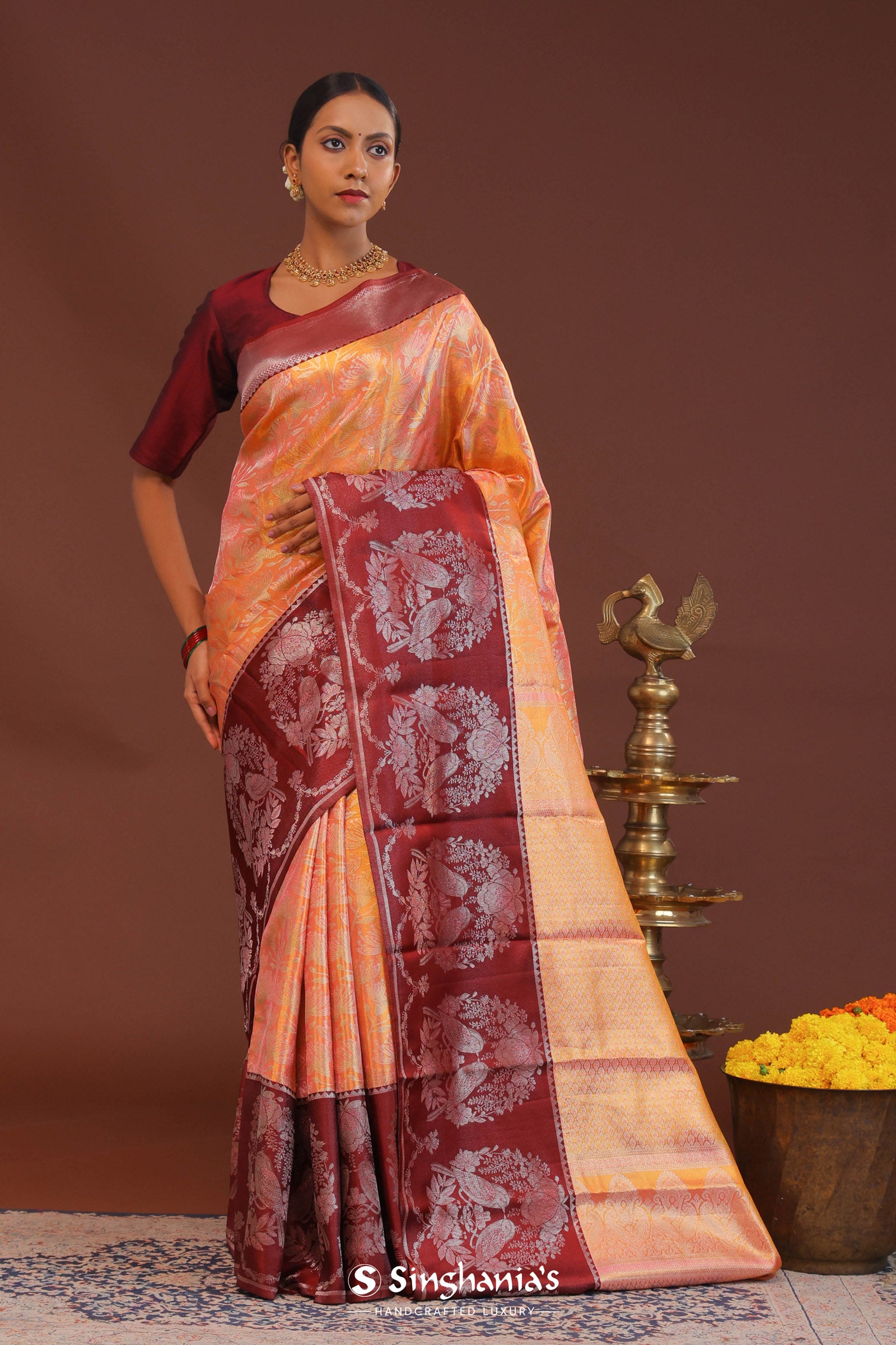 Peach Kanjivaram Saree With Contrast Maroon Border