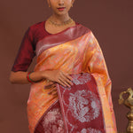 Peach Kanjivaram Saree With Contrast Maroon Border