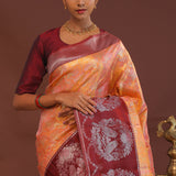 Peach Kanjivaram Saree With Contrast Maroon Border