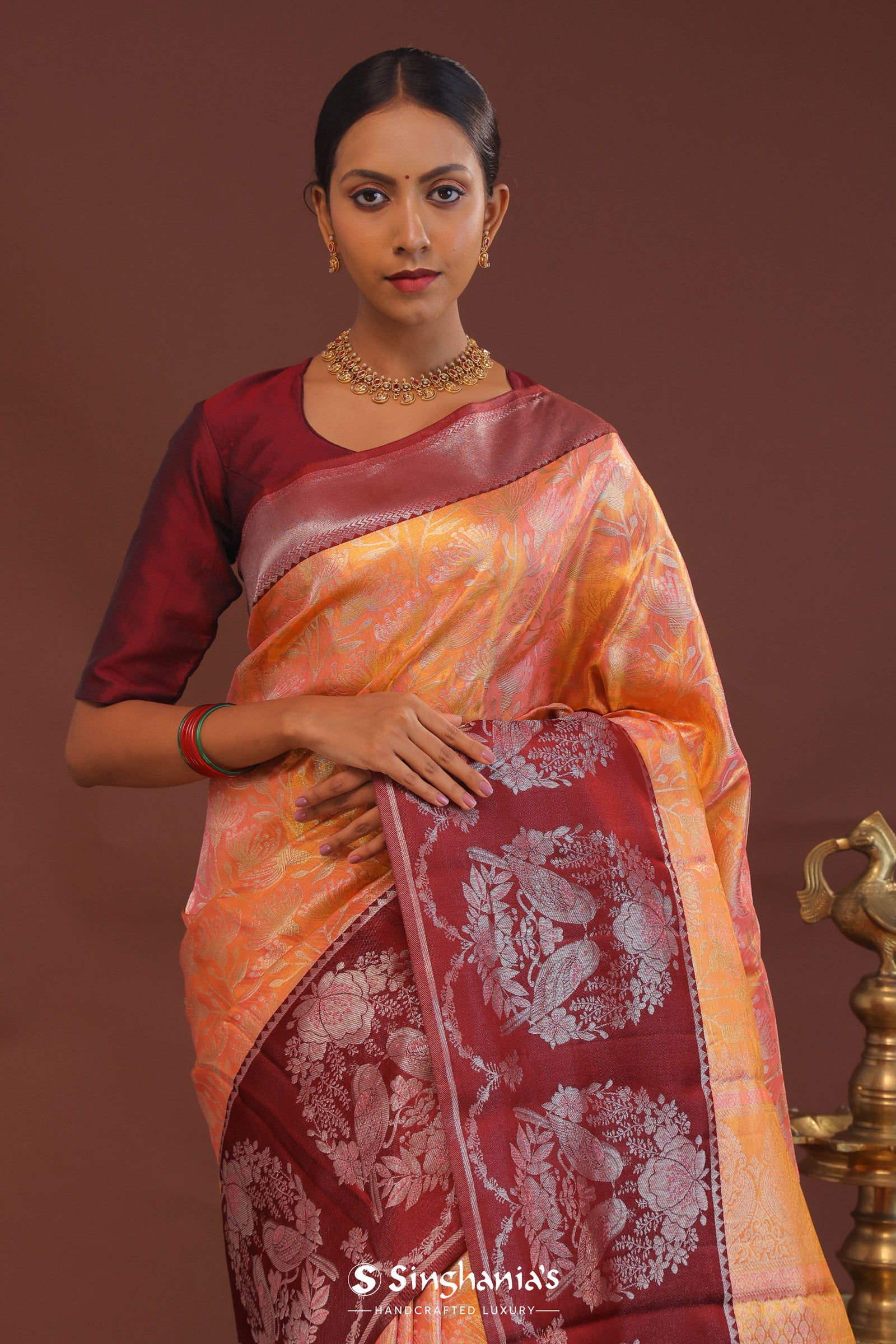 Peach Kanjivaram Saree With Contrast Maroon Border