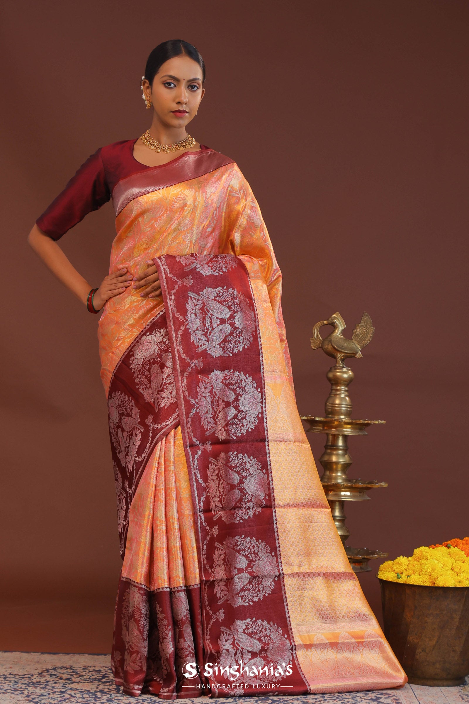 Peach Kanjivaram Saree With Contrast Maroon Border
