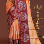 Peach Kanjivaram Saree With Contrast Maroon Border