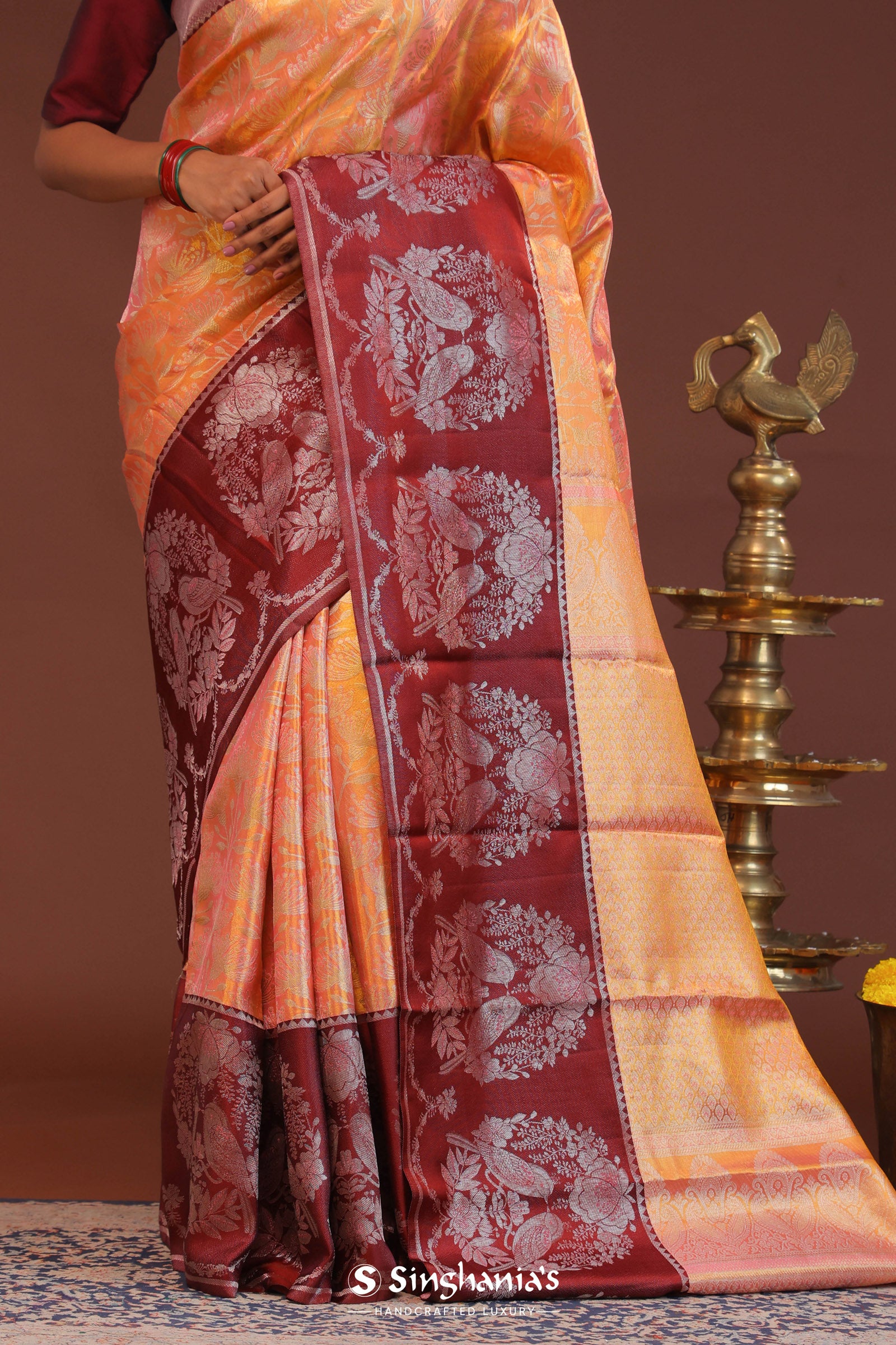 Peach Kanjivaram Saree With Contrast Maroon Border