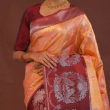 Peach Kanjivaram Saree With Contrast Maroon Border