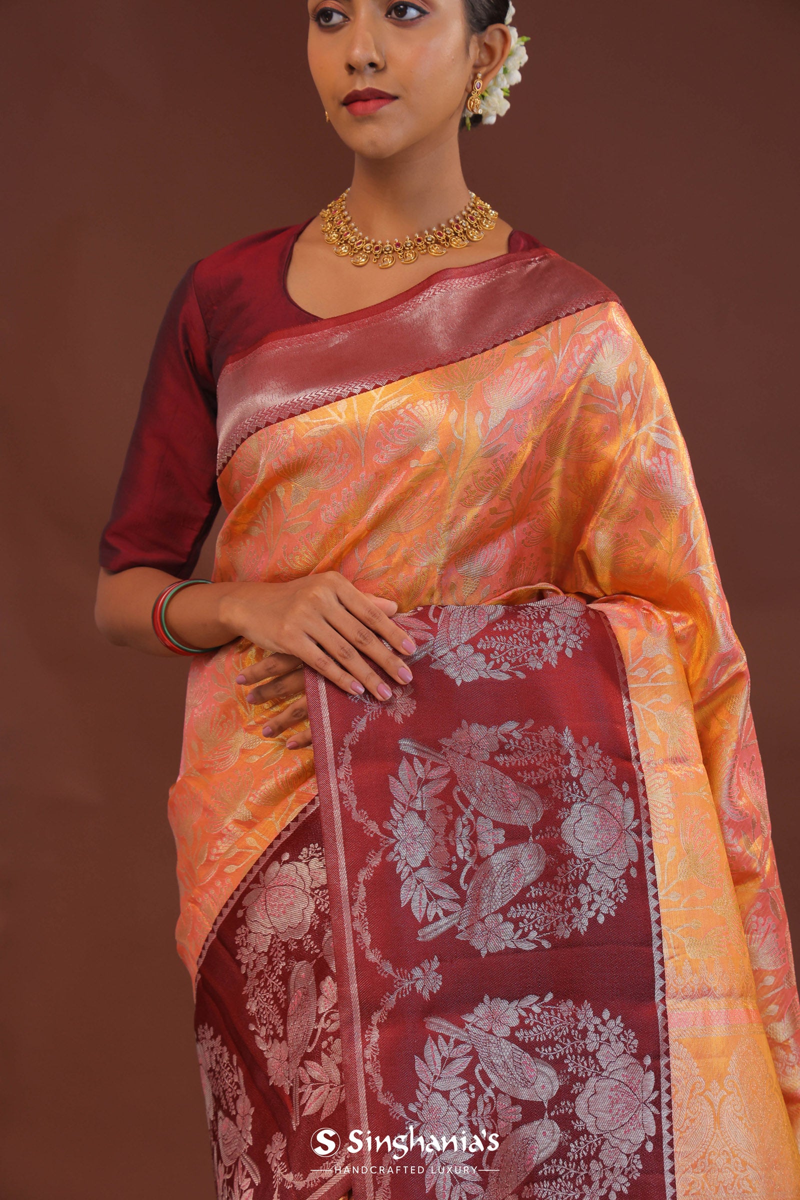 Peach Kanjivaram Saree With Contrast Maroon Border