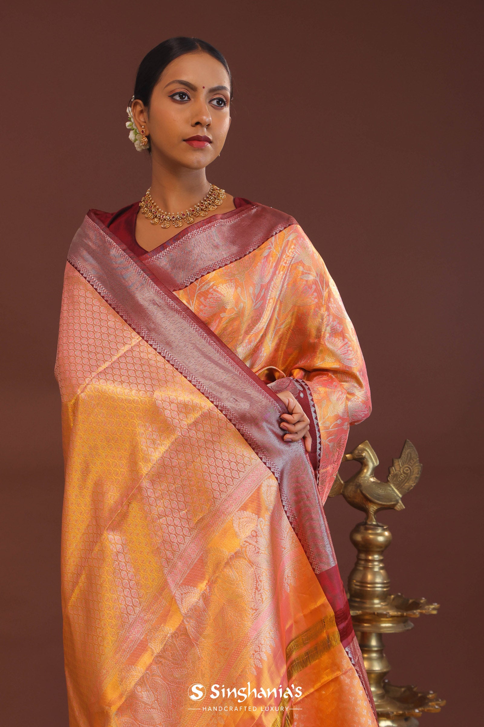 Peach Kanjivaram Saree With Contrast Maroon Border