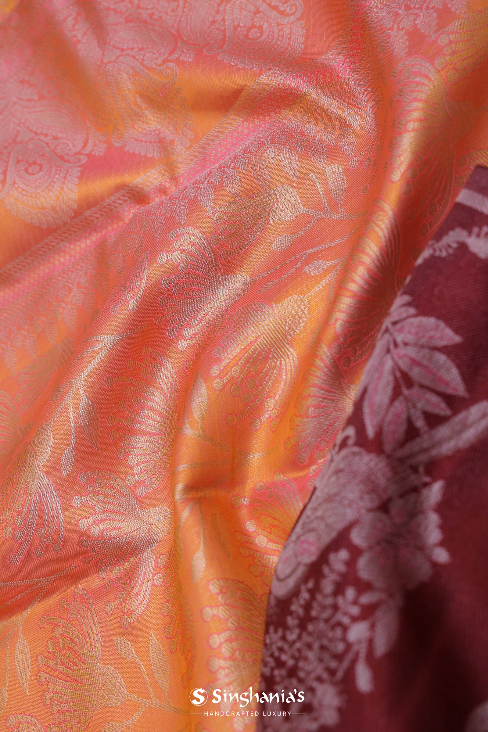 Peach Kanjivaram Saree With Contrast Maroon Border