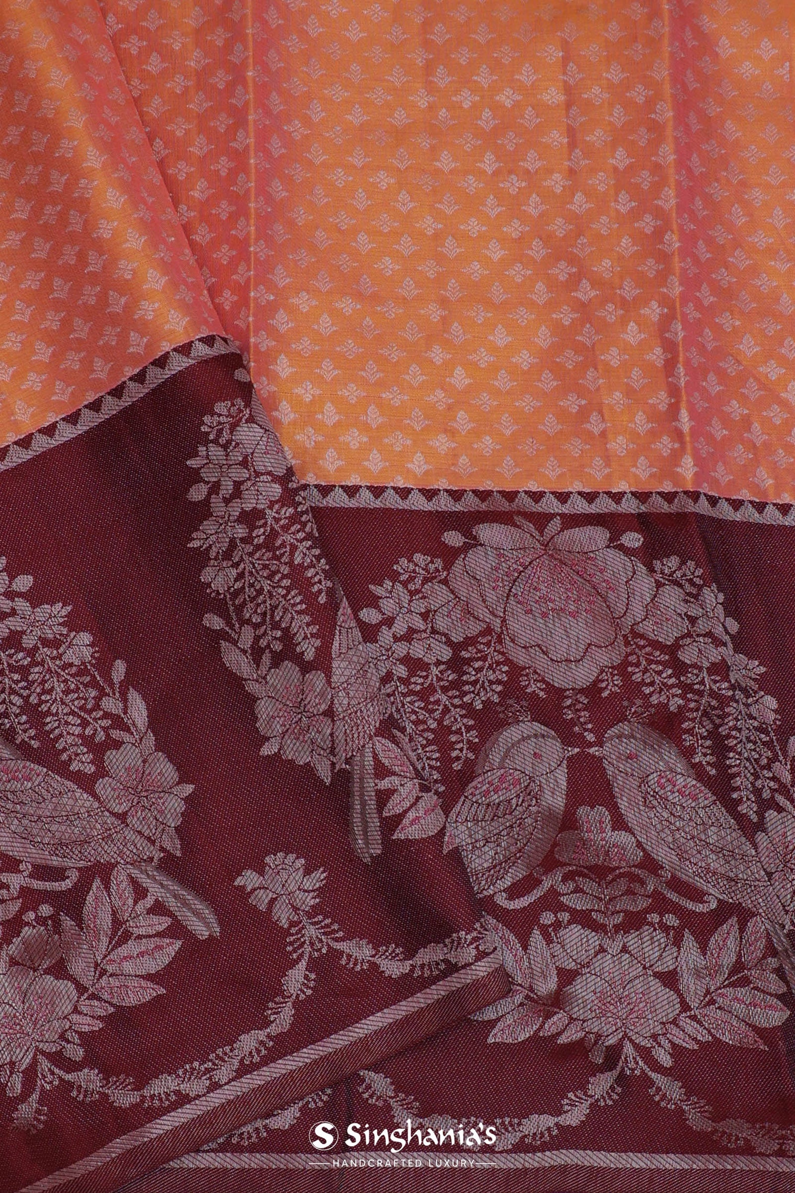 Peach Kanjivaram Saree With Contrast Maroon Border