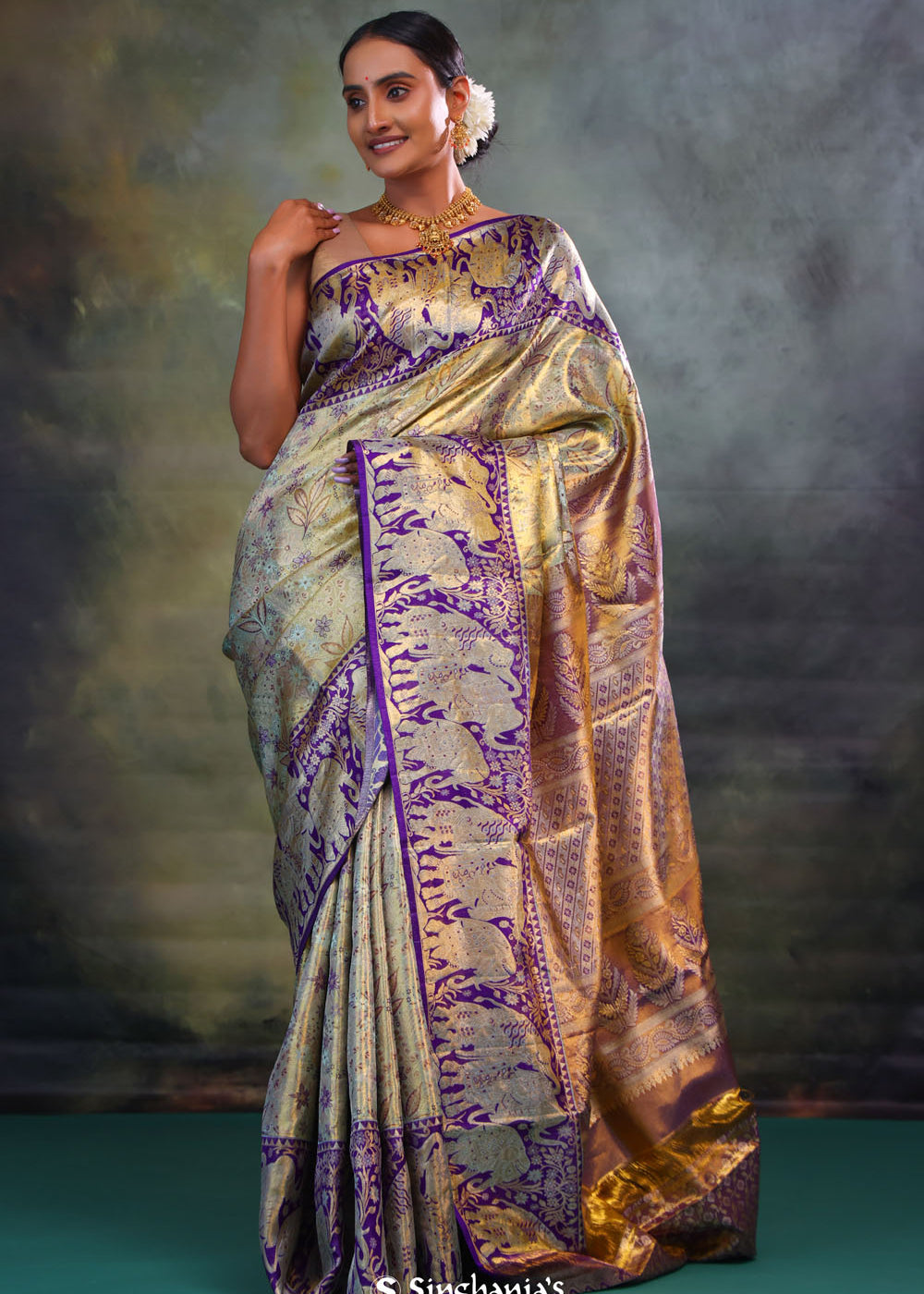 Jalli Kanjivaram Silk Saree In Blue Gold