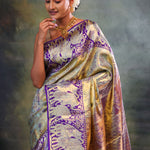 Jalli Kanjivaram Silk Saree In Blue Gold
