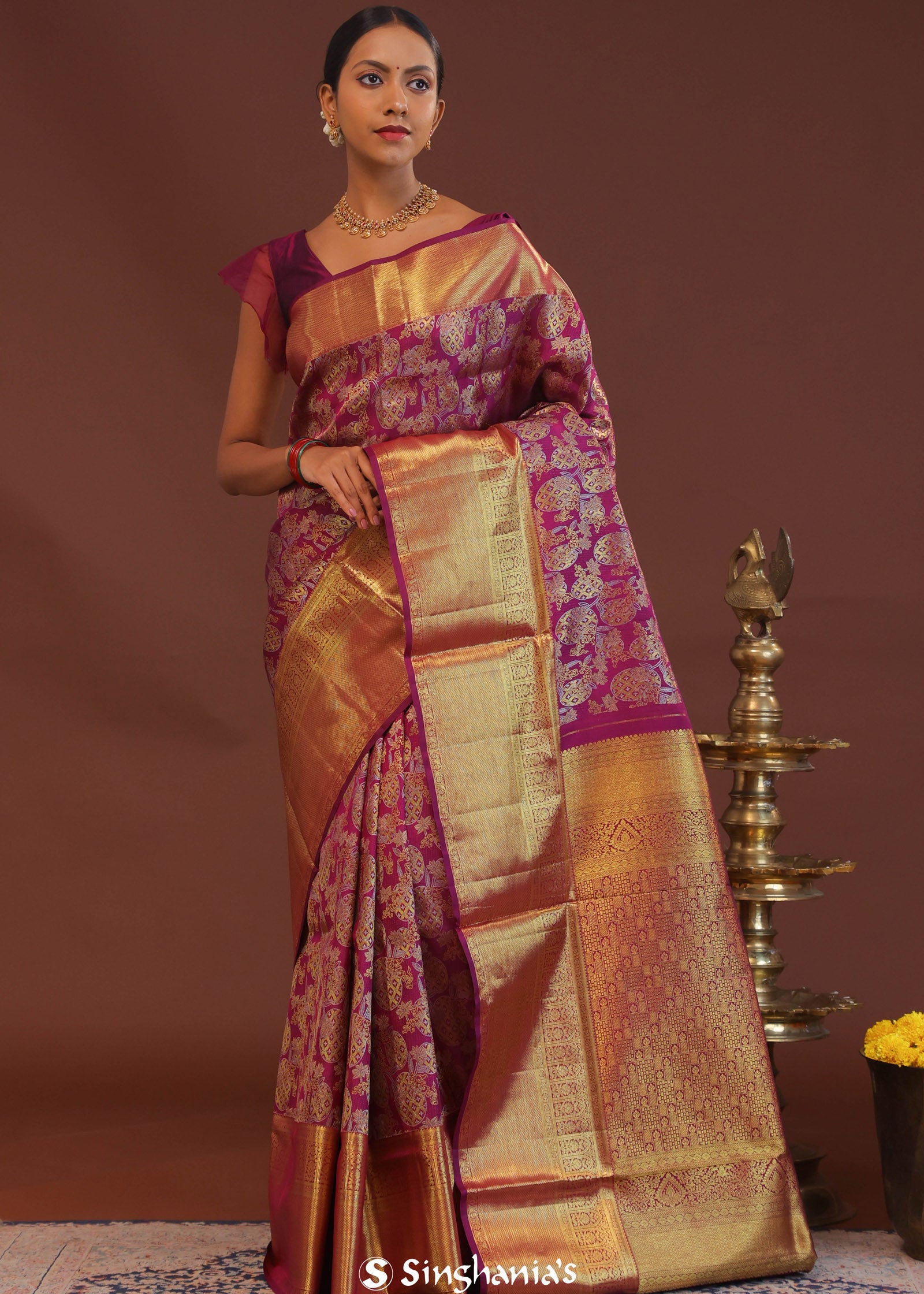 Burgundy Kanjivaram Saree With Gold Zari Border