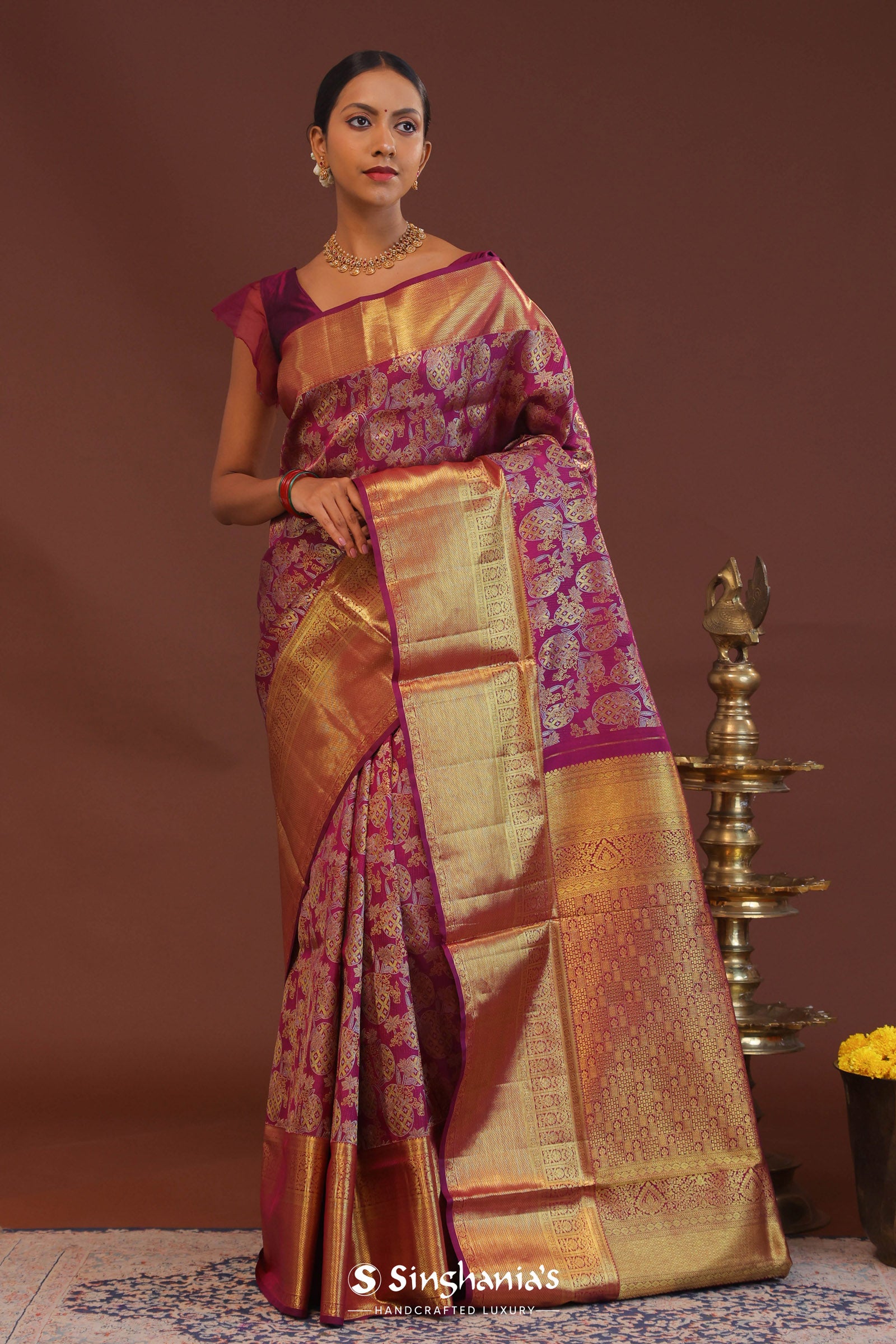 Burgundy Kanjivaram Saree With Gold Zari Border