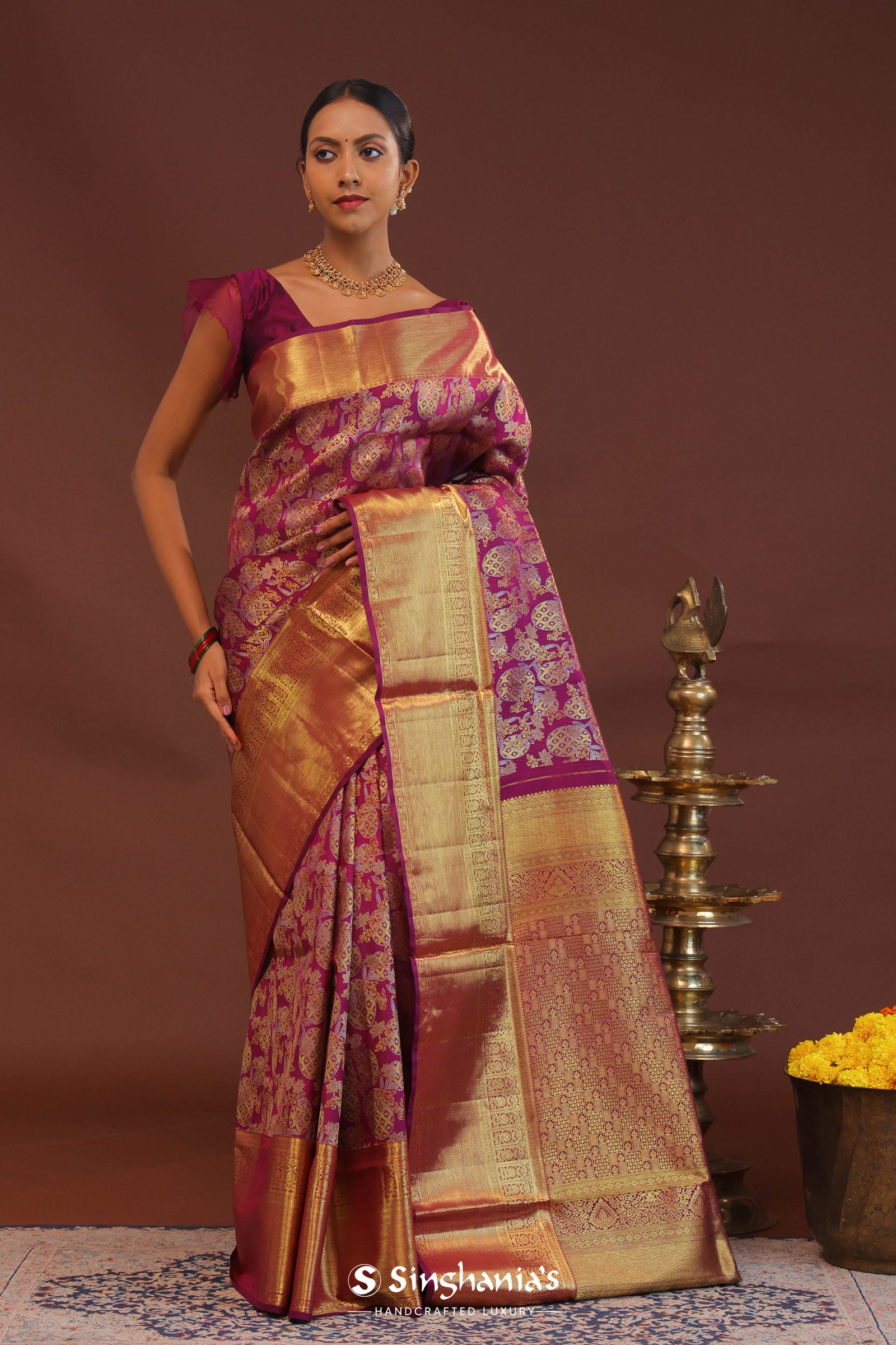 Burgundy Kanjivaram Saree With Gold Zari Border