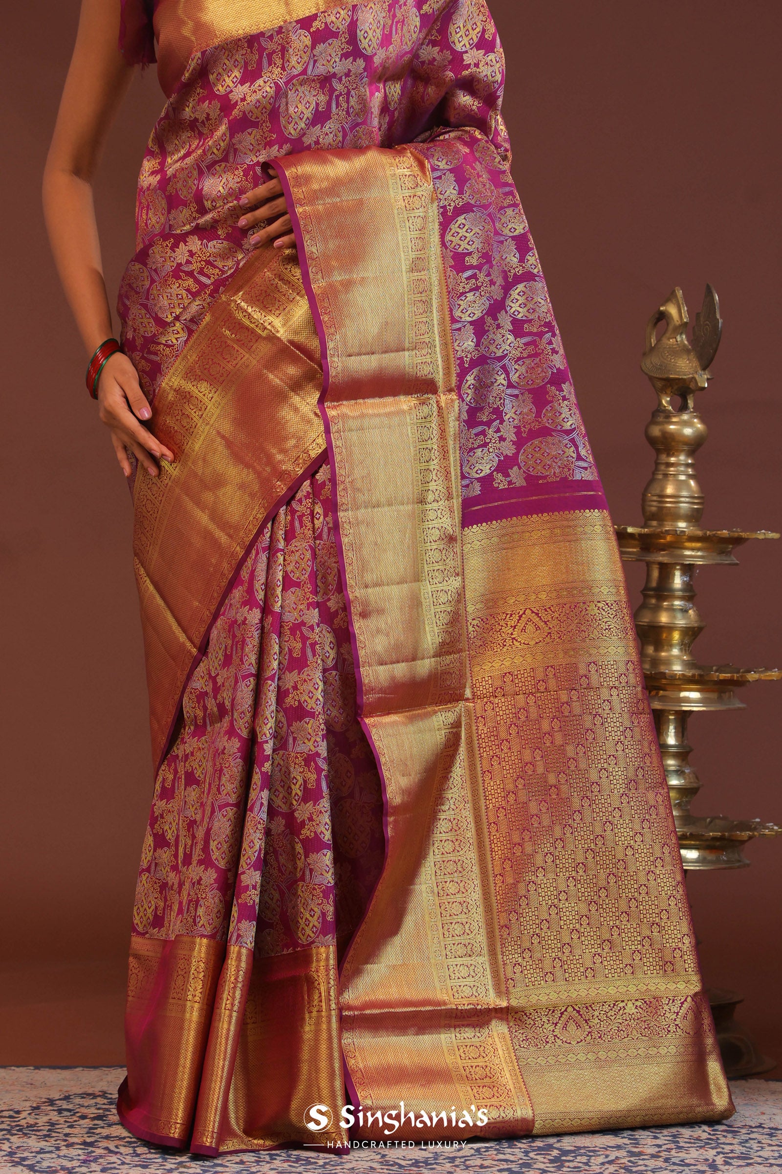 Burgundy Kanjivaram Saree With Gold Zari Border
