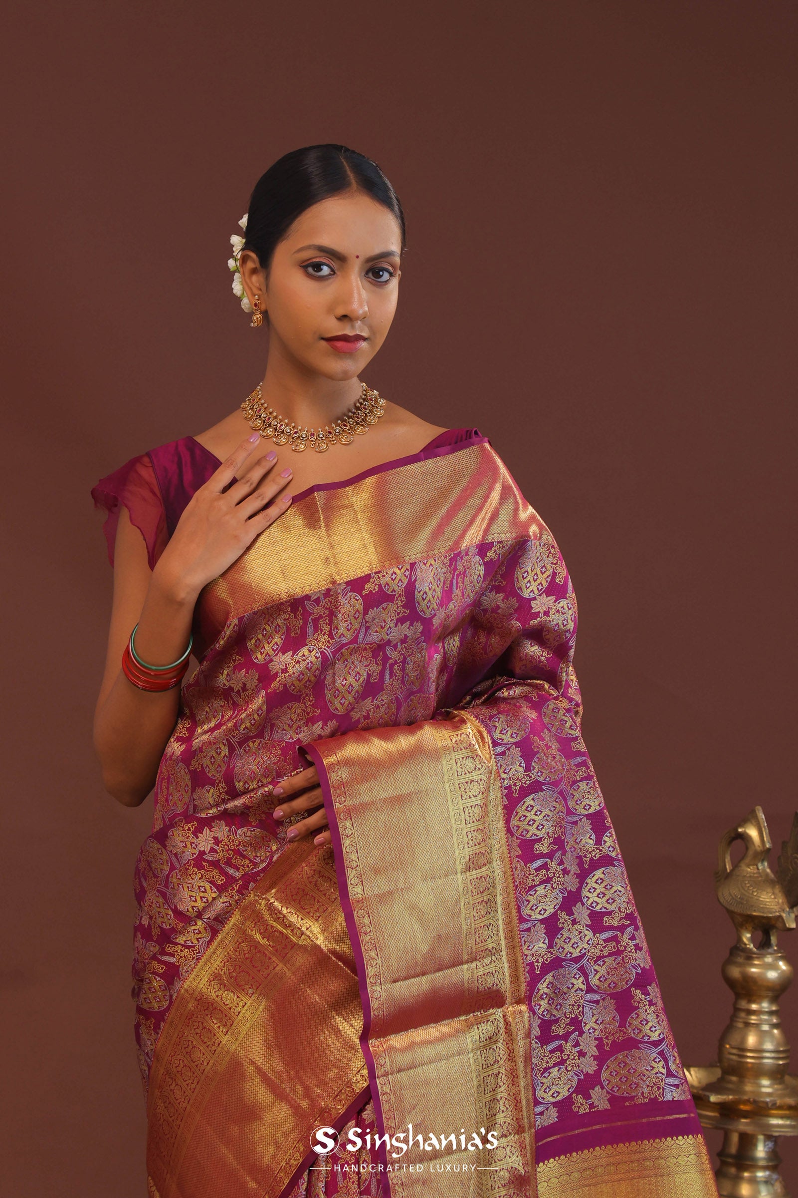 Burgundy Kanjivaram Saree With Gold Zari Border