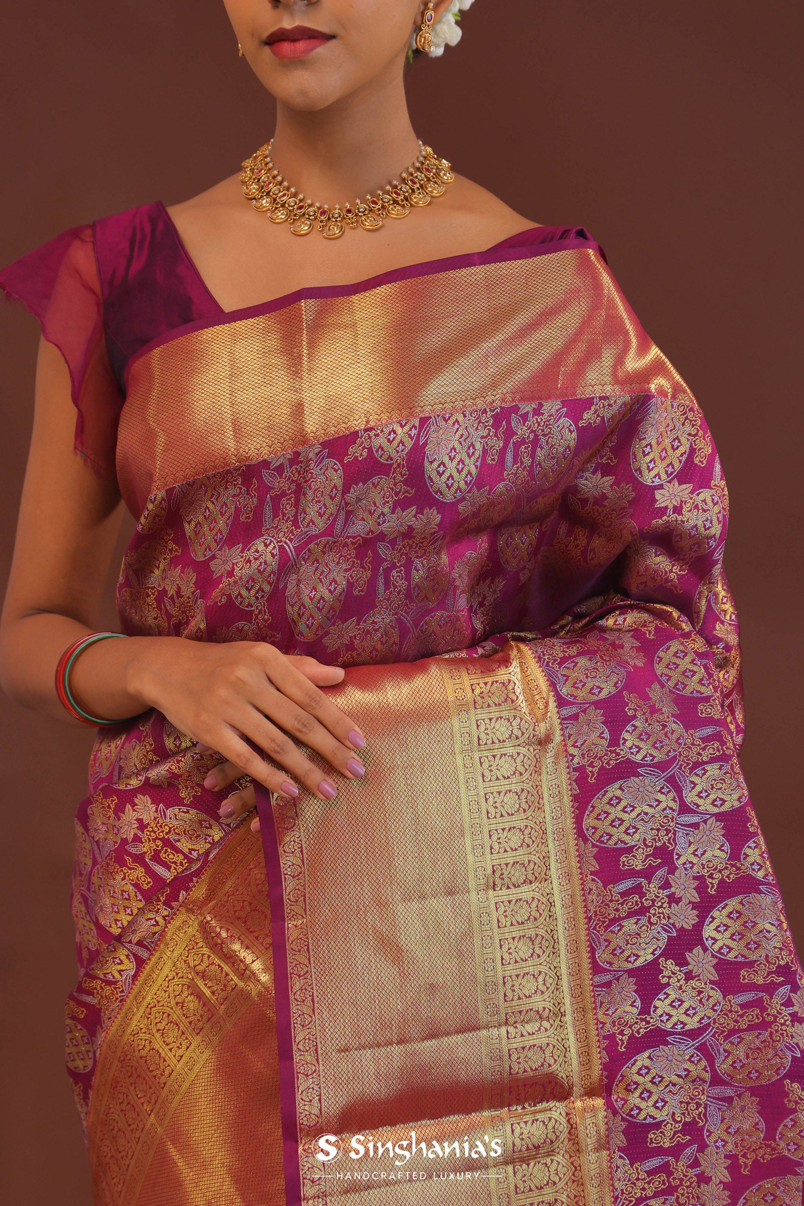Burgundy Kanjivaram Saree With Gold Zari Border