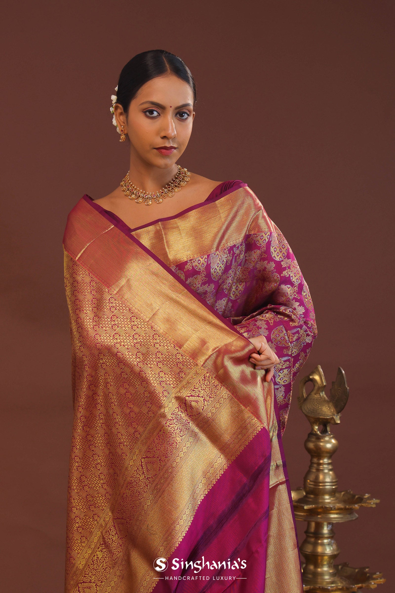 Burgundy Kanjivaram Saree With Gold Zari Border