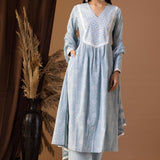 Blue Khadi Printed Cotton Cambric Kurta Set
