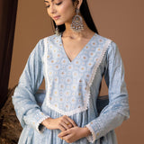 Blue Khadi Printed Cotton Cambric Kurta Set