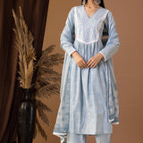 Blue Khadi Printed Cotton Cambric Kurta Set