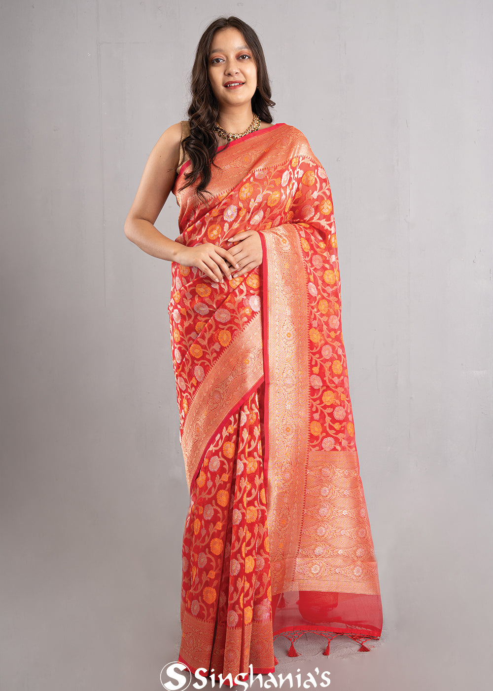 Coral Pink Jaal Organza Banarasi Saree