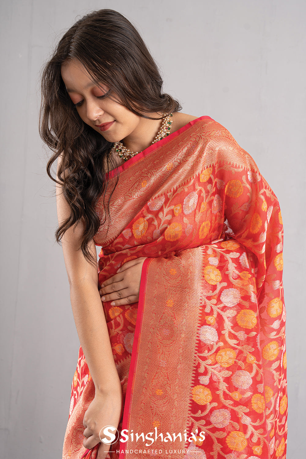 Coral Pink Jaal Organza Banarasi Saree