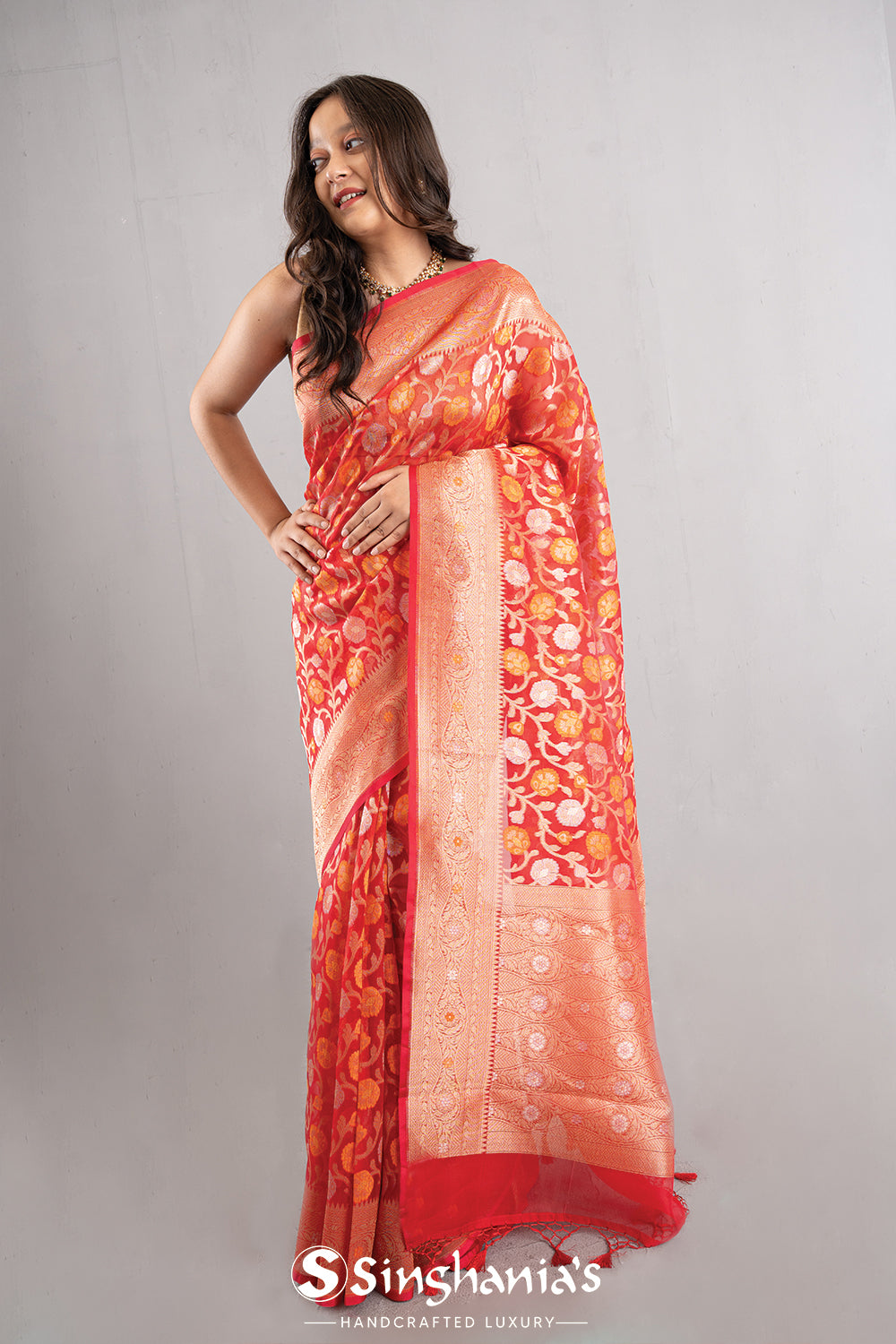 Coral Pink Jaal Organza Banarasi Saree