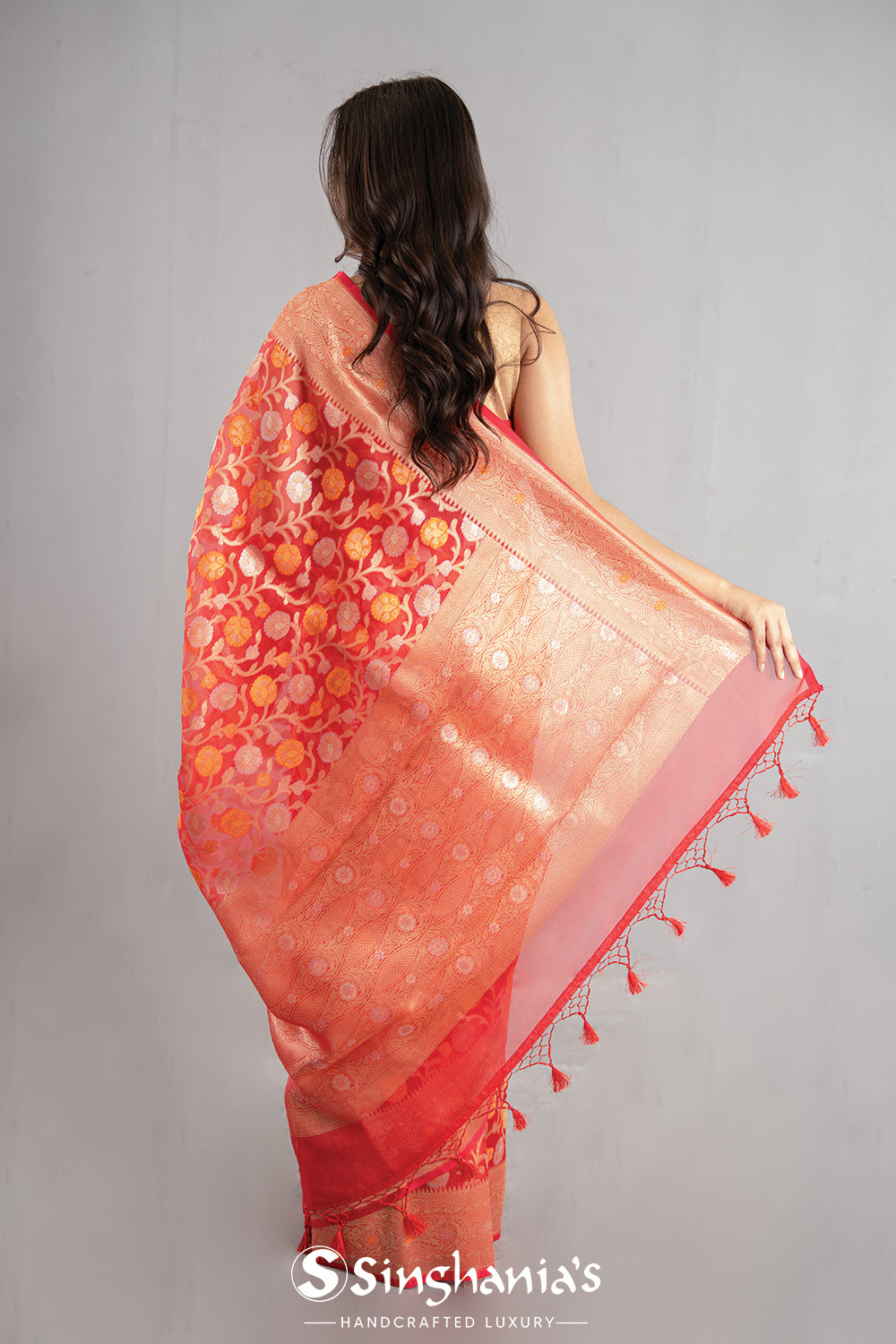 Coral Pink Jaal Organza Banarasi Saree