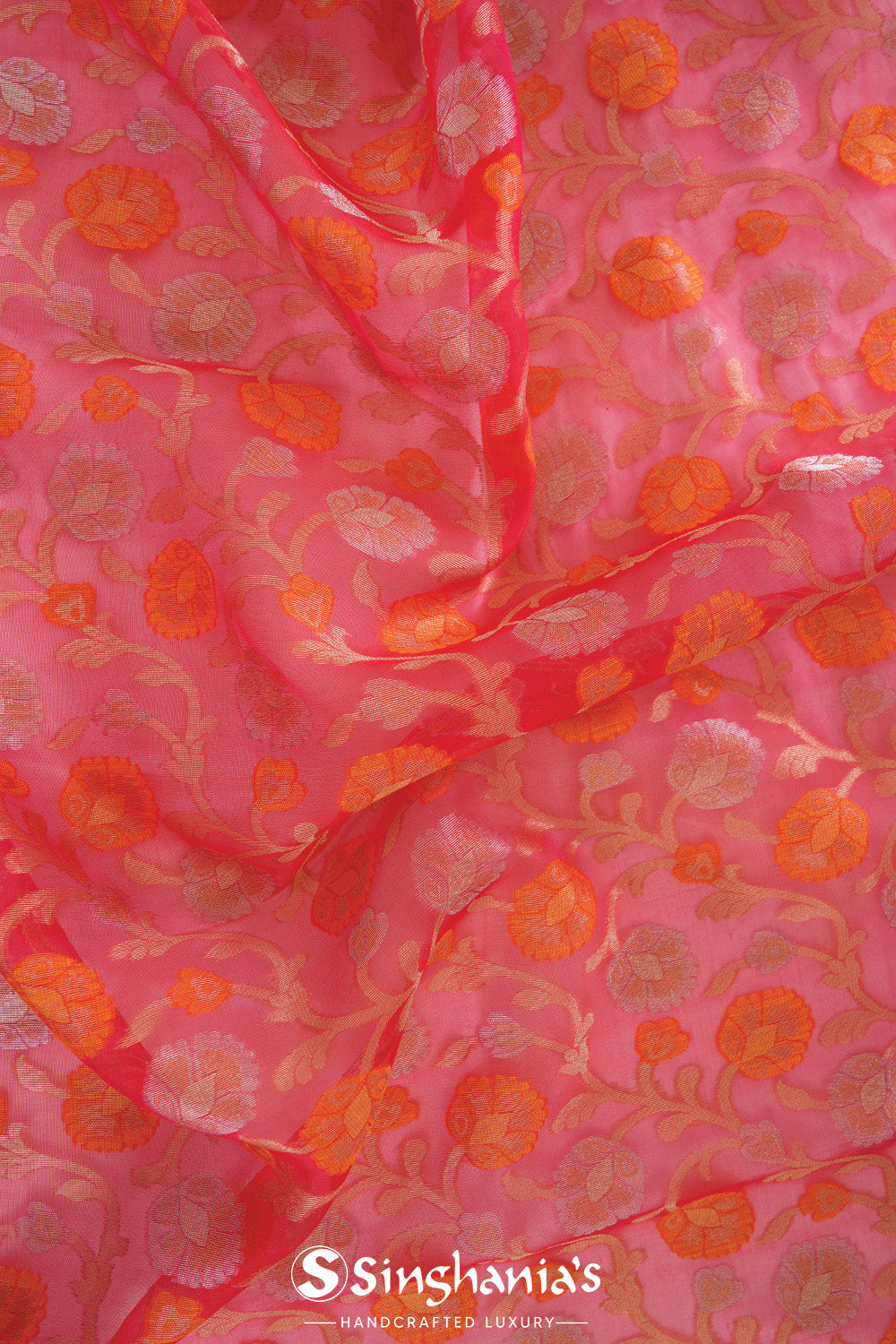 Coral Pink Jaal Organza Banarasi Saree