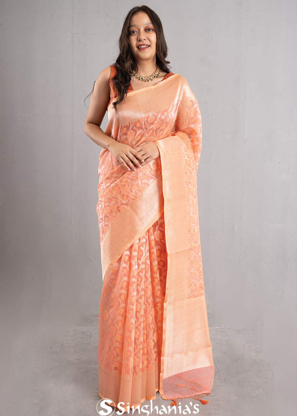 Creamy Peach Jaal Organza Banarasi Saree