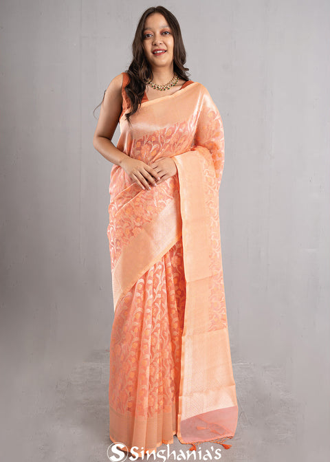 <img> Creamy Peach Jaal Organza Banarasi Saree