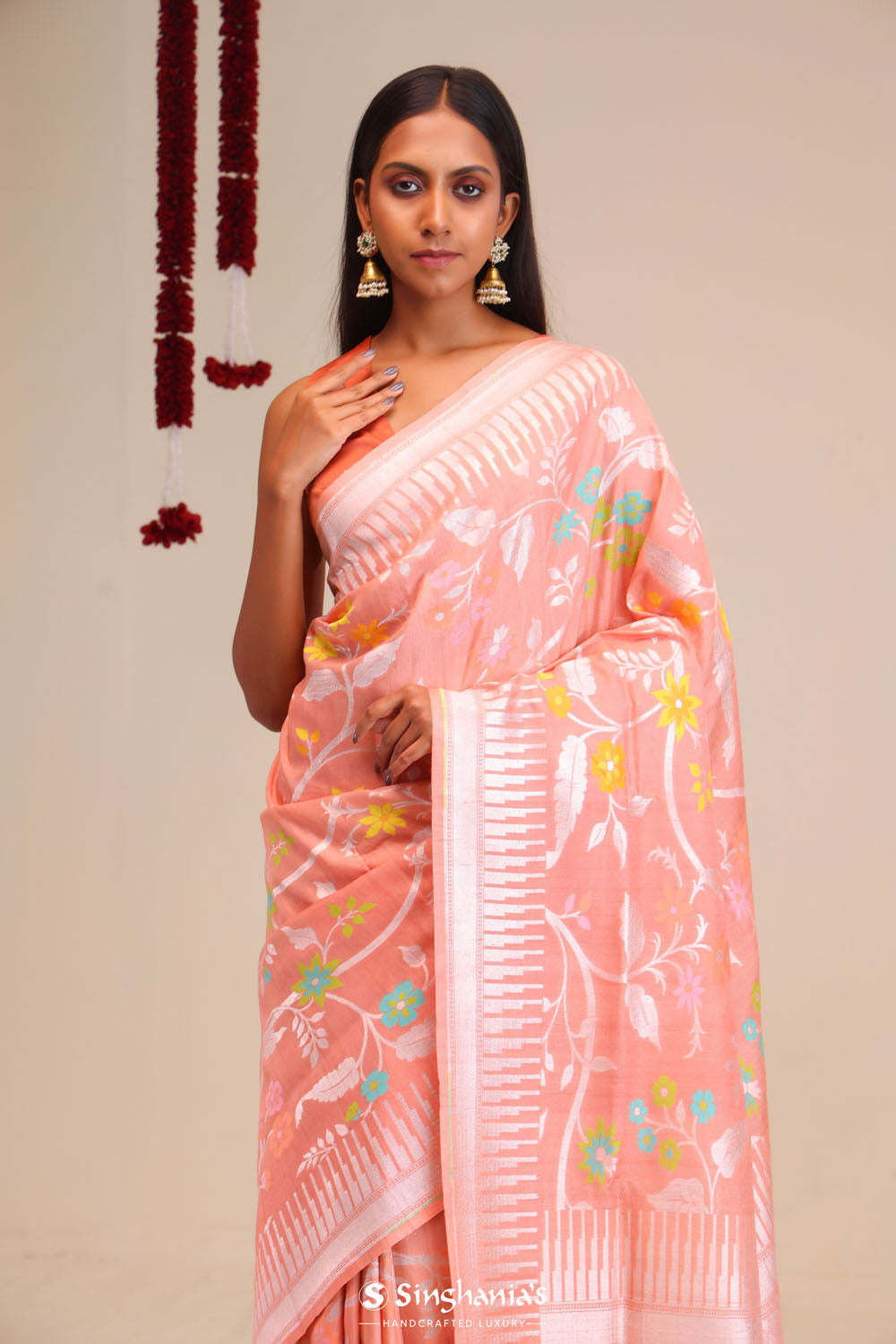 Peach Pink Jangla Banarasi Tussar Saree