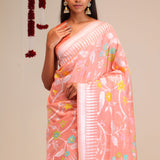 Peach Pink Jangla Banarasi Tussar Saree