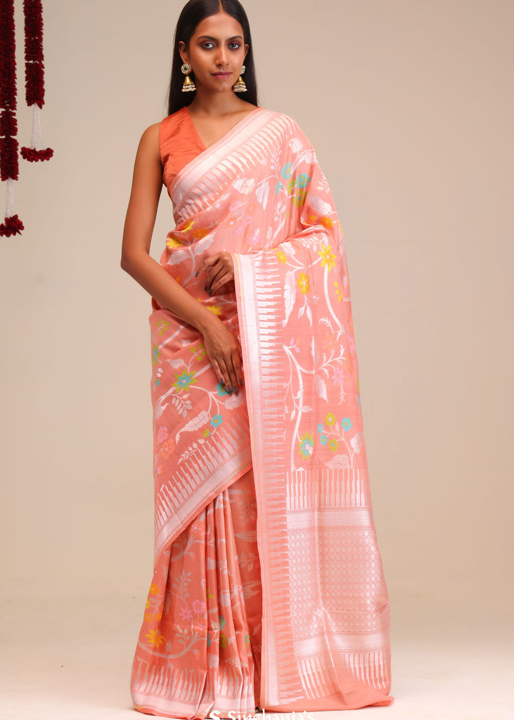 Peach Pink Jangla Banarasi Tussar Saree