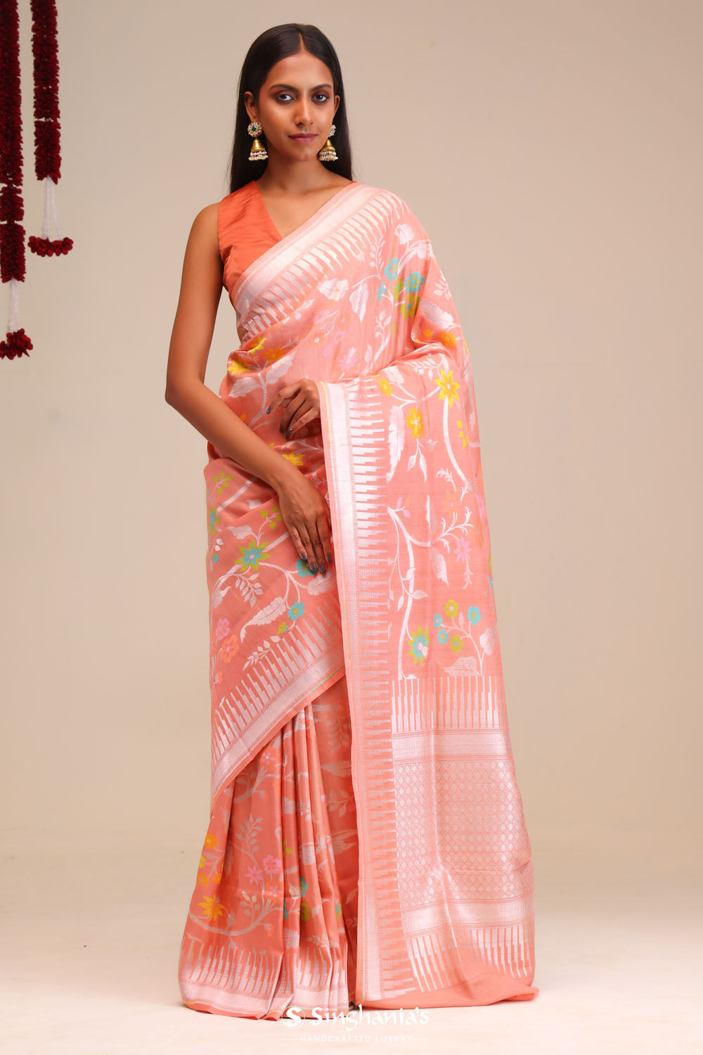 Peach Pink Jangla Banarasi Tussar Saree