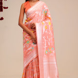 Peach Pink Jangla Banarasi Tussar Saree