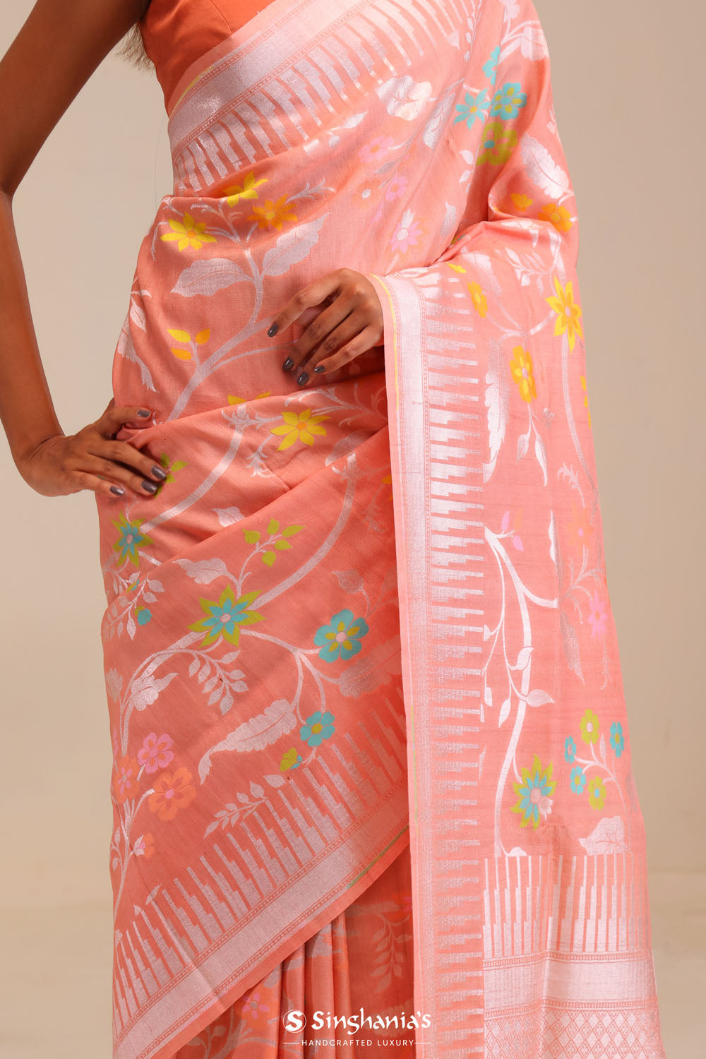 Peach Pink Jangla Banarasi Tussar Saree