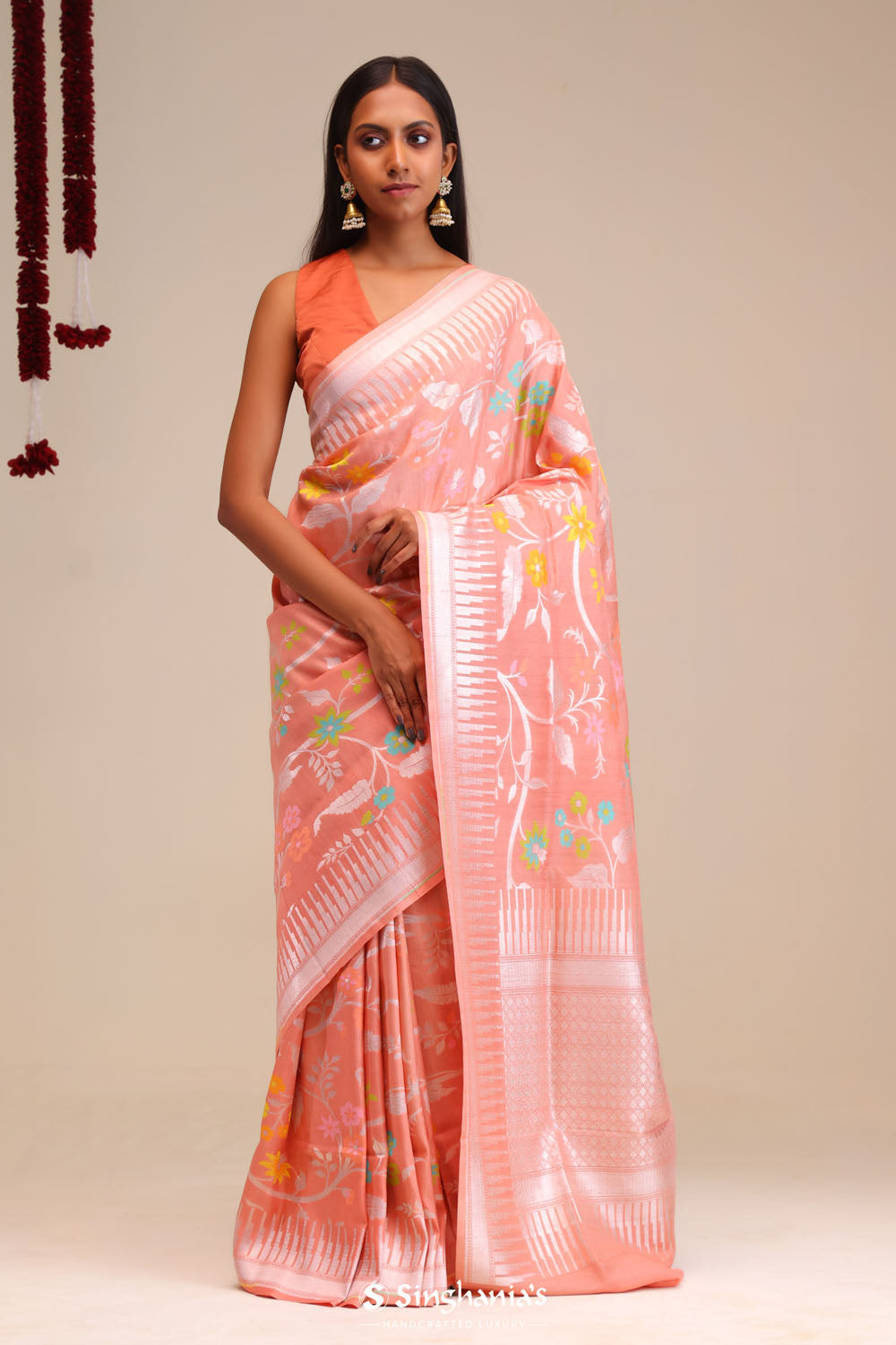 Peach Pink Jangla Banarasi Tussar Saree