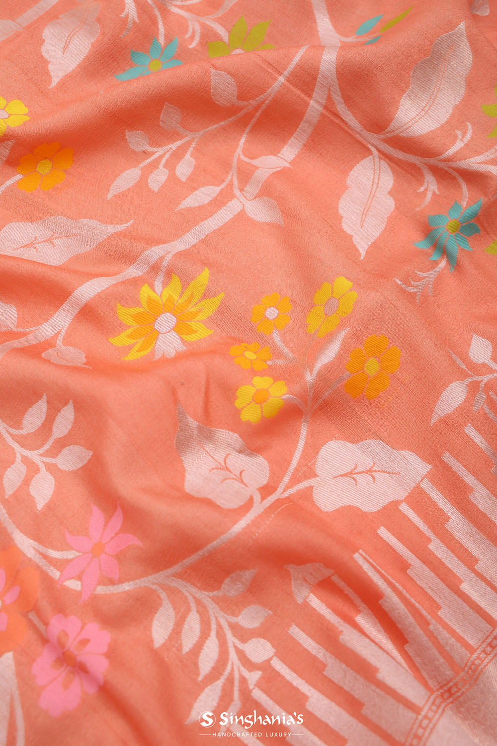 Peach Pink Jangla Banarasi Tussar Saree