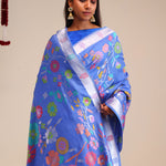 Berry Blue Banarasi Tussar Saree With Floral Design