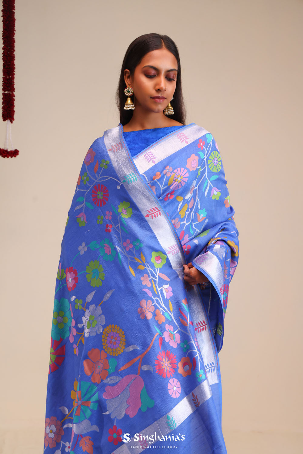 Berry Blue Banarasi Tussar Saree With Floral Design