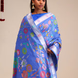 Berry Blue Banarasi Tussar Saree With Floral Design