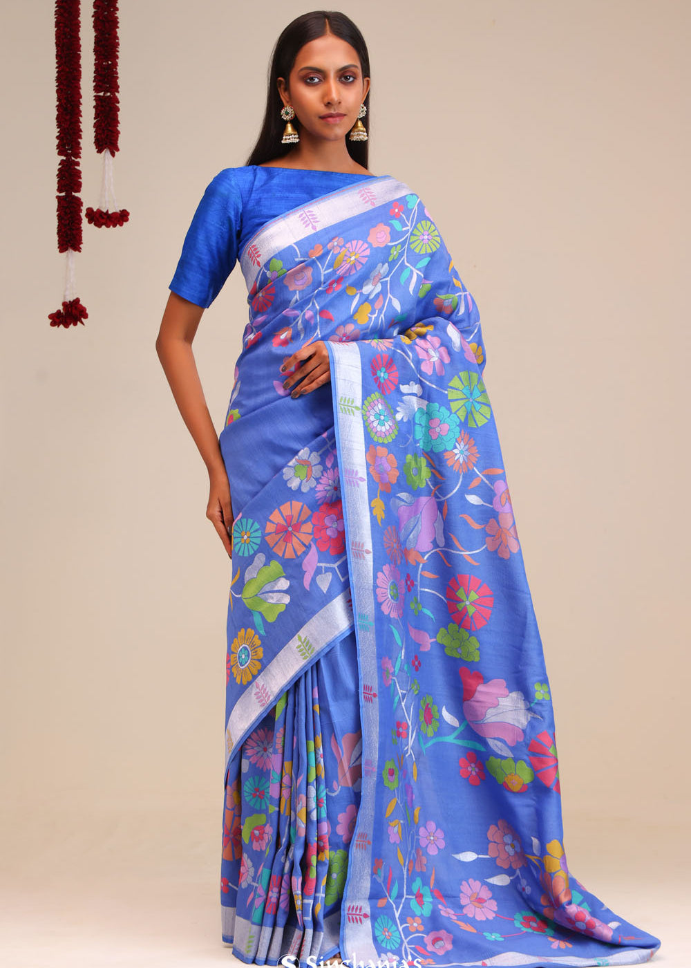 Berry Blue Banarasi Tussar Saree With Floral Design