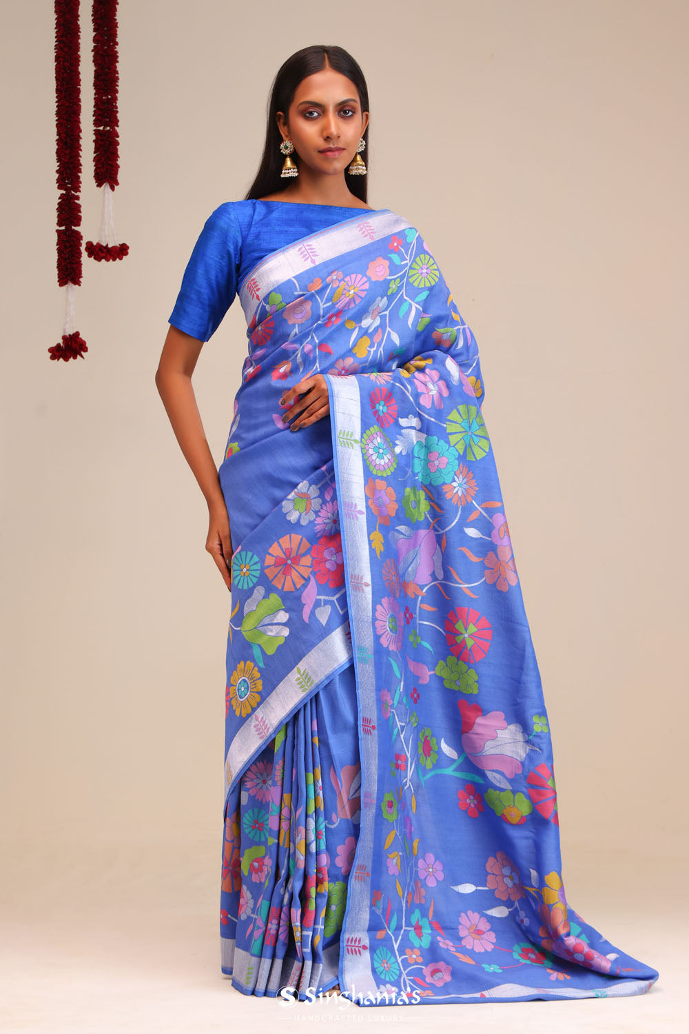 Berry Blue Banarasi Tussar Saree With Floral Design